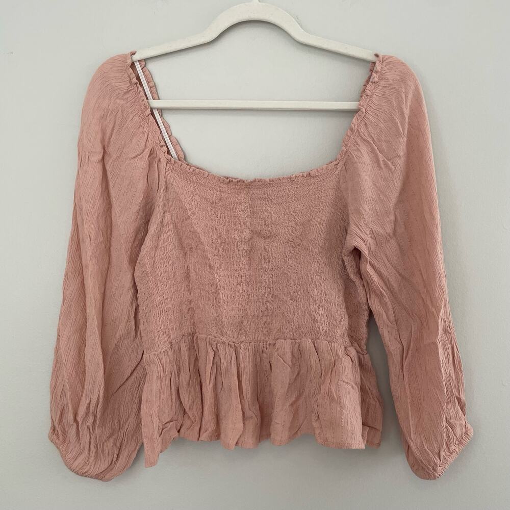 American Eagle Size M Pink Smocked Peplum Top Shirt Blouse Long Sleeves